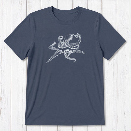 Men's Octopus T-Shirt in navy bamboo and organic cotton, classic fit with white ocean creature graphic, eco-conscious marine life apparel.