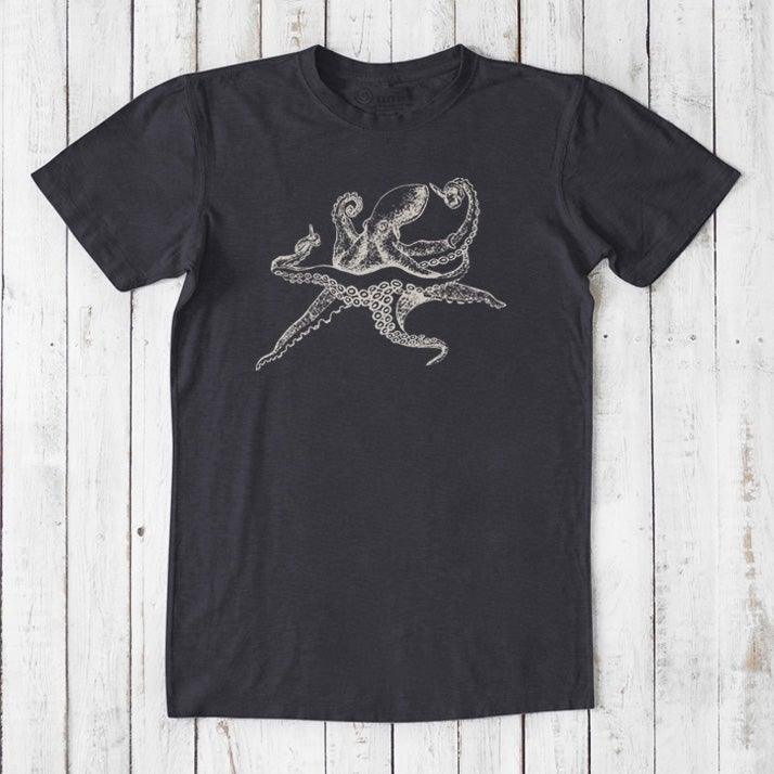 Men's Octopus T-Shirt in black bamboo and organic cotton, featuring white sea life graphic, sustainable ocean-themed gift for him.