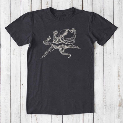 Men's Octopus T-Shirt in black bamboo and organic cotton, featuring white sea life graphic, sustainable ocean-themed gift for him.