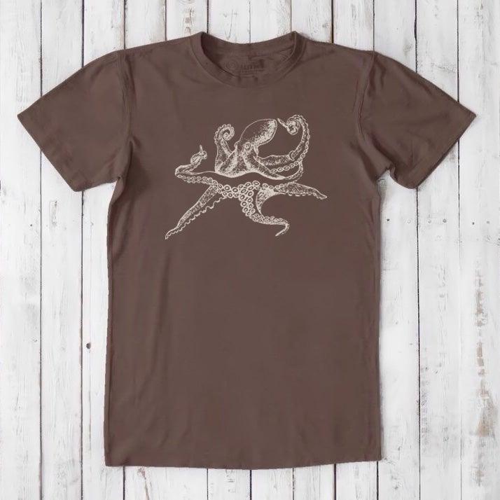 Men's Octopus T-Shirt in brown bamboo and organic cotton, white marine creature design, soft eco-friendly sea life graphic tee.