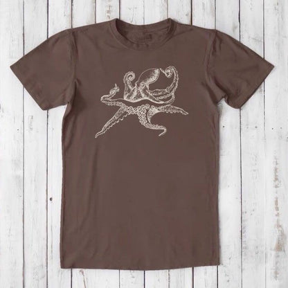 Men's Octopus T-Shirt in brown bamboo and organic cotton, white marine creature design, soft eco-friendly sea life graphic tee.