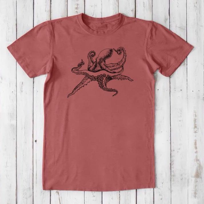 Men's Octopus T-Shirt in red bamboo and organic cotton, black sea life graphic, eco-friendly marine-themed gift for him.