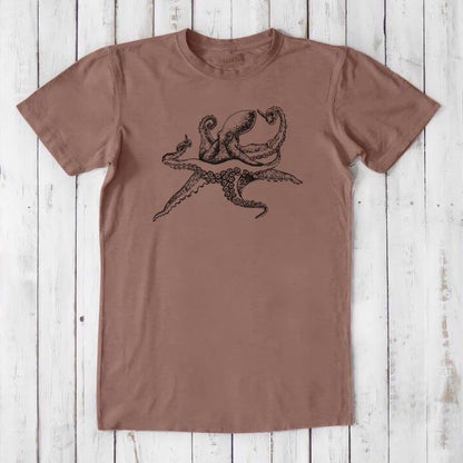 Men's Octopus T-Shirt in mocha bamboo and organic cotton, black ink ocean creature print, sustainable classic fit tee for ocean lovers.