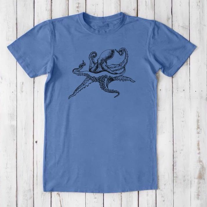 Men's Octopus T-Shirt in blue bamboo and organic cotton, black marine animal graphic, classic fit eco-conscious ocean lover tee.