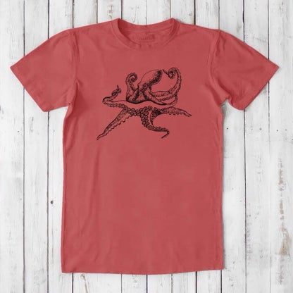 Men's Octopus T-Shirt in coral red bamboo and organic cotton, black ocean creature print, sustainable sea life apparel for men.
