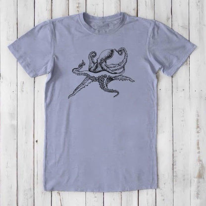 Men's Octopus T-Shirt in lavender bamboo and organic cotton, black sea creature design, soft sustainable ocean-themed clothing.