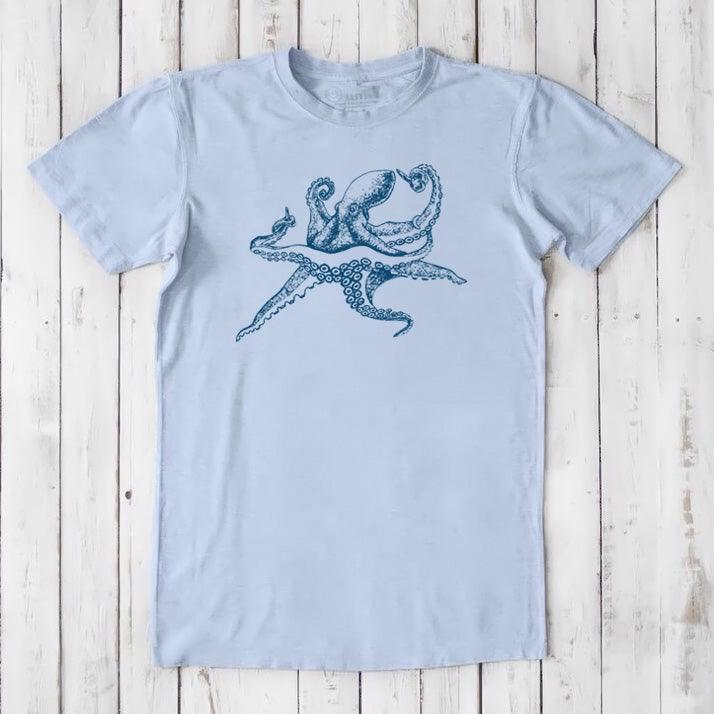Men's Octopus T-Shirt in light blue bamboo and organic cotton, blue marine life graphic, eco-friendly sea creature tee for men.