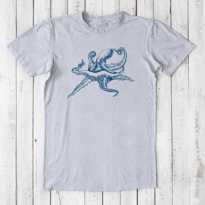 Men's Octopus T-Shirt in heather gray bamboo and organic cotton, blue ocean creature print, sustainable sea life gift for him.