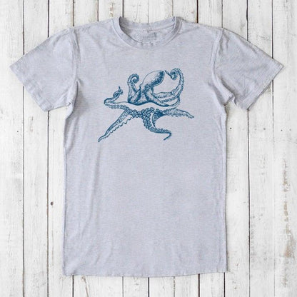 Men's Octopus T-Shirt in heather gray bamboo and organic cotton, blue ocean creature print, sustainable sea life gift for him.
