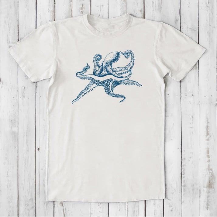Men's Octopus T-Shirt in white bamboo and organic cotton, blue marine animal graphic, eco-conscious ocean-themed apparel for men.