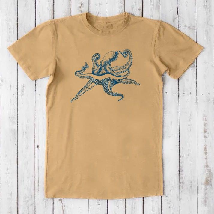 Men's Octopus T-Shirt in tan bamboo and organic cotton, blue sea creature design, sustainable ocean lover gift for him.