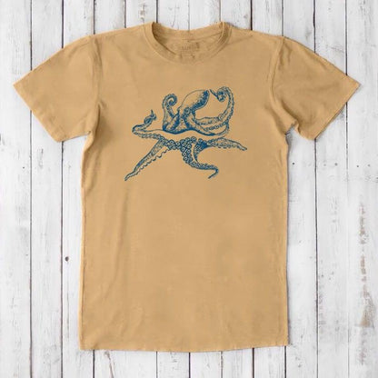 Men's Octopus T-Shirt in tan bamboo and organic cotton, blue sea creature design, sustainable ocean lover gift for him.