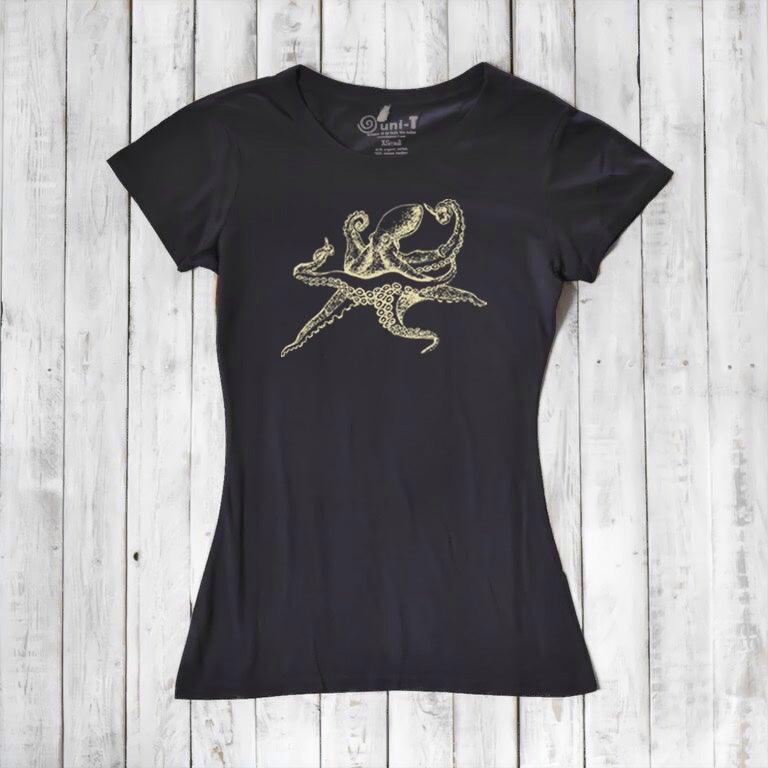 Black Women’s Octopus T-Shirt made from bamboo and organic cotton, featuring a gold sea life graphic, eco-friendly fashion top.
