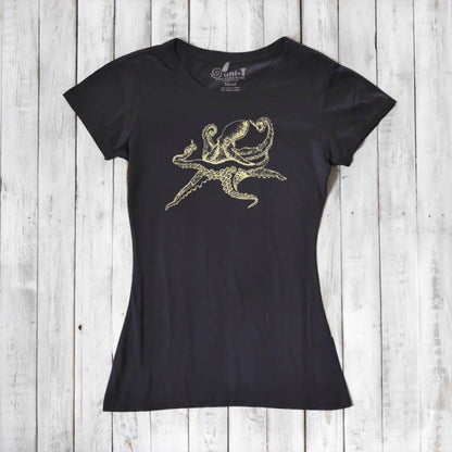 Black Women’s Octopus T-Shirt made from bamboo and organic cotton, featuring a gold sea life graphic, eco-friendly fashion top.