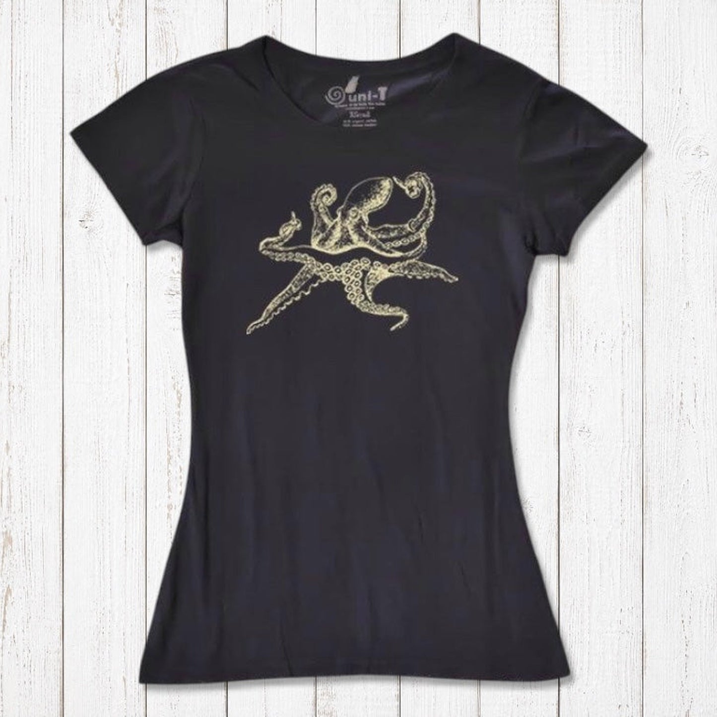 Black Women’s Octopus T-Shirt made from bamboo and organic cotton, featuring a gold sea life graphic, eco-friendly fashion top.