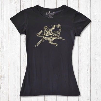 Black Women’s Octopus T-Shirt made from bamboo and organic cotton, featuring a gold sea life graphic, eco-friendly fashion top.