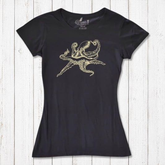 Black Women’s Octopus T-Shirt made from bamboo and organic cotton, featuring a gold sea life graphic, eco-friendly fashion top.
