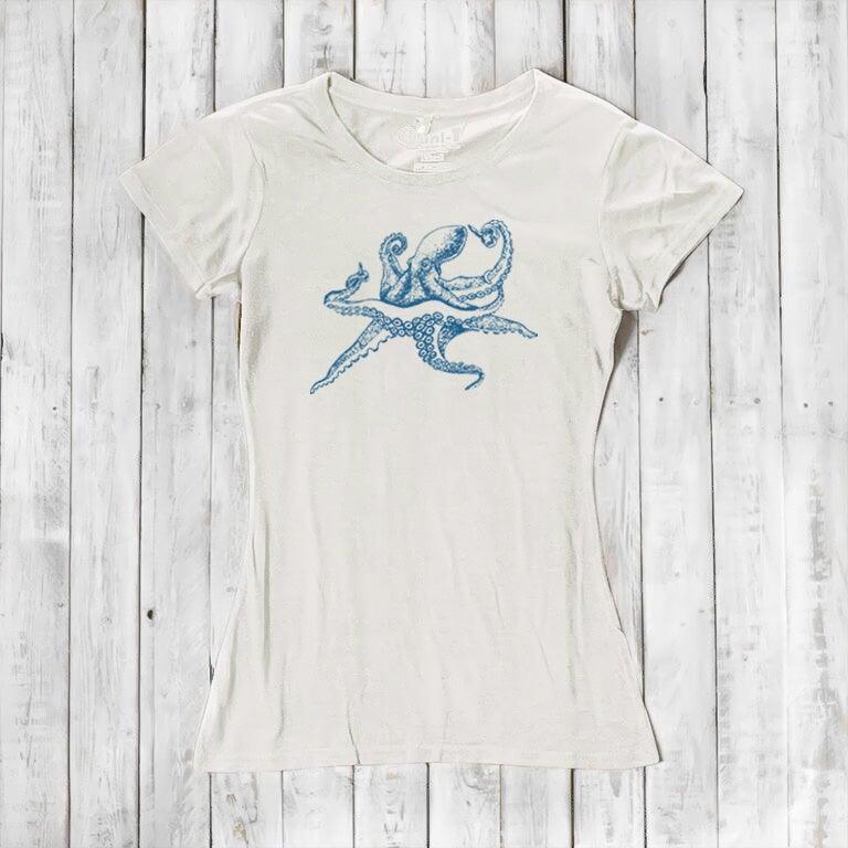 White Women’s Octopus T-Shirt in bamboo and organic cotton with blue sea life design, perfect eco-conscious gift for ocean lovers.