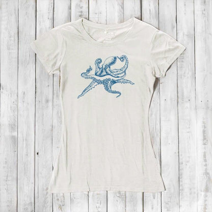 White Women’s Octopus T-Shirt in bamboo and organic cotton with blue sea life design, perfect eco-conscious gift for ocean lovers.