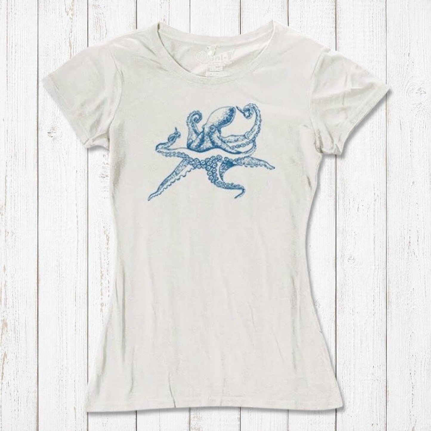 White Women’s Octopus T-Shirt in bamboo and organic cotton with blue sea life design, perfect eco-conscious gift for ocean lovers.