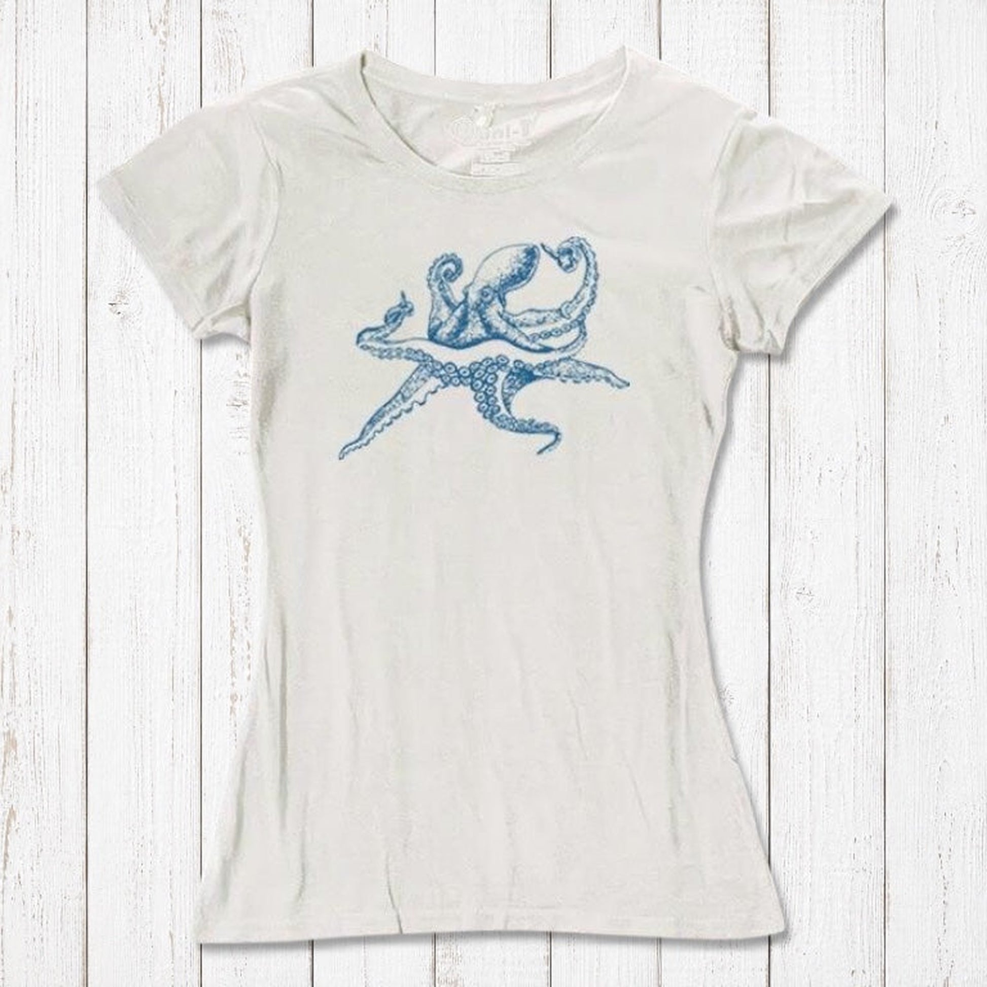 White Women’s Octopus T-Shirt in bamboo and organic cotton with blue sea life design, perfect eco-conscious gift for ocean lovers.