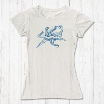 White Women’s Octopus T-Shirt in bamboo and organic cotton with blue sea life design, perfect eco-conscious gift for ocean lovers.
