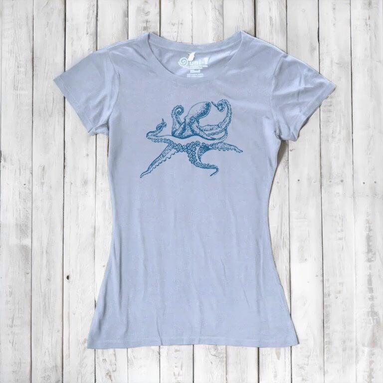 Light blue Women’s Octopus T-Shirt in bamboo and organic cotton, detailed with a blue sea creature print, ideal ocean-themed gift.