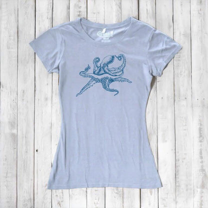 Light blue Women’s Octopus T-Shirt in bamboo and organic cotton, detailed with a blue sea creature print, ideal ocean-themed gift.