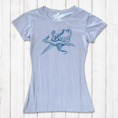 Light blue Women’s Octopus T-Shirt in bamboo and organic cotton, detailed with a blue sea creature print, ideal ocean-themed gift.