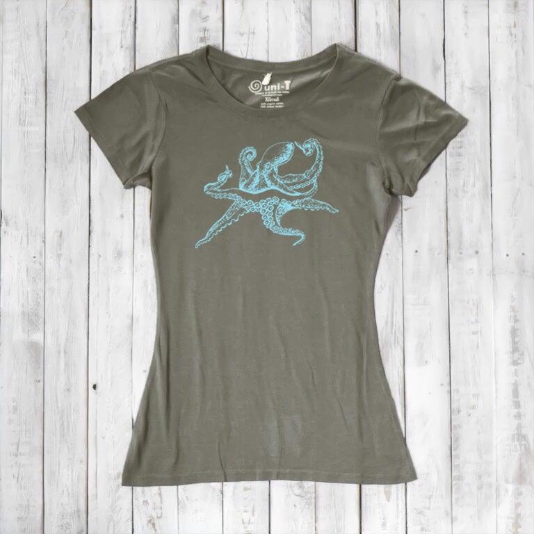 Olive green Women’s Octopus T-Shirt with blue octopus graphic, sustainable bamboo and organic cotton blend for eco-friendly wear.