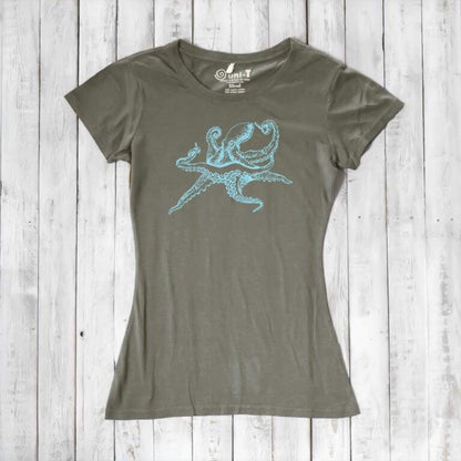 Olive green Women’s Octopus T-Shirt with blue octopus graphic, sustainable bamboo and organic cotton blend for eco-friendly wear.