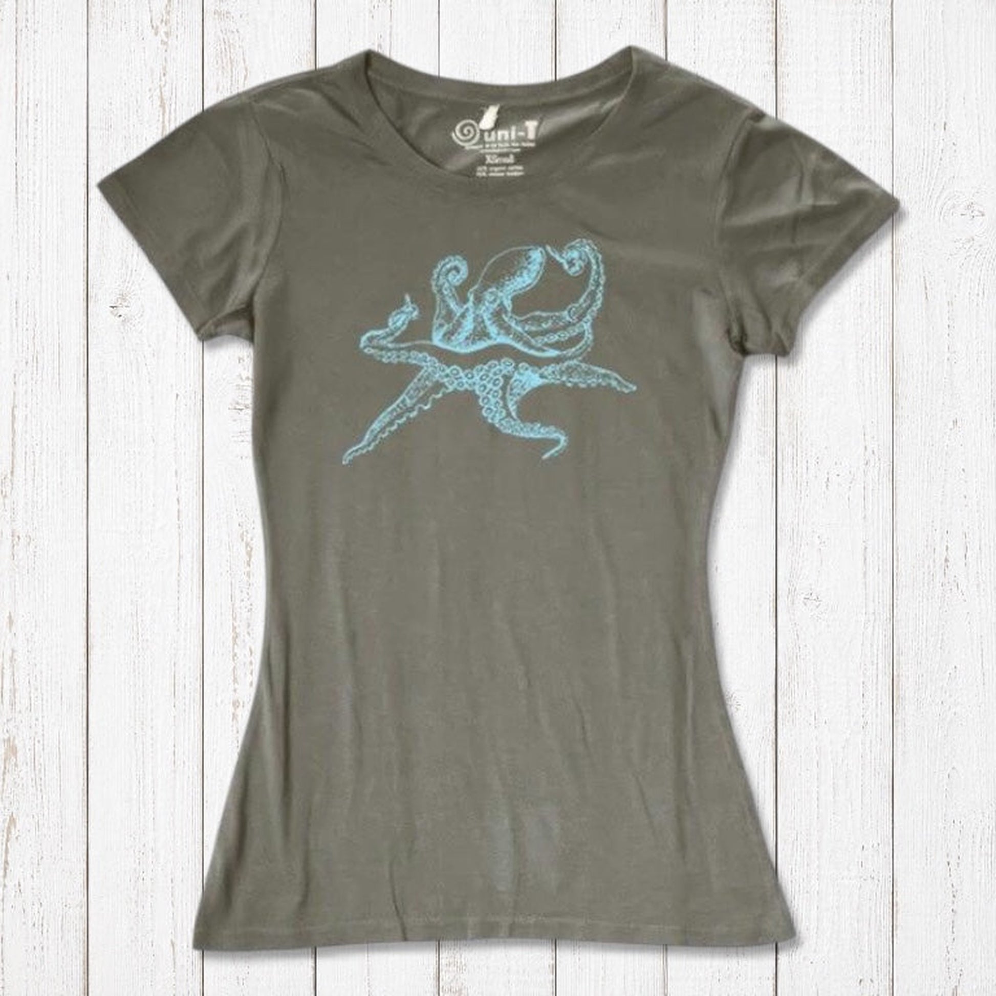 Olive green Women’s Octopus T-Shirt with blue octopus graphic, sustainable bamboo and organic cotton blend for eco-friendly wear.