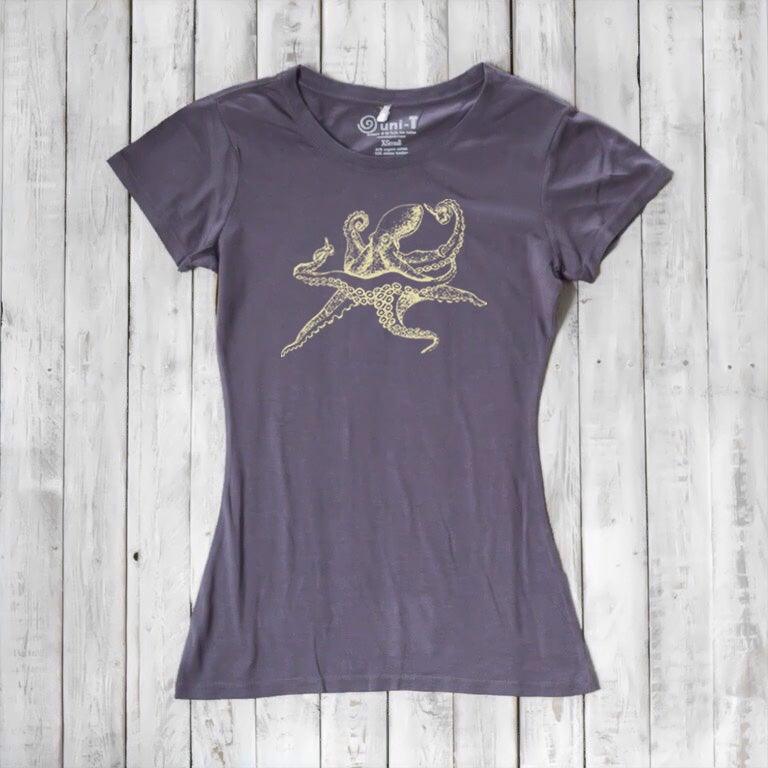 Charcoal Women’s Octopus T-Shirt featuring a gold marine animal print, made from soft bamboo and organic cotton blend fabric.