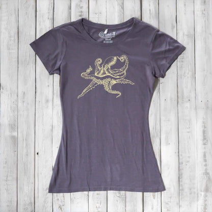 Charcoal Women’s Octopus T-Shirt featuring a gold marine animal print, made from soft bamboo and organic cotton blend fabric.