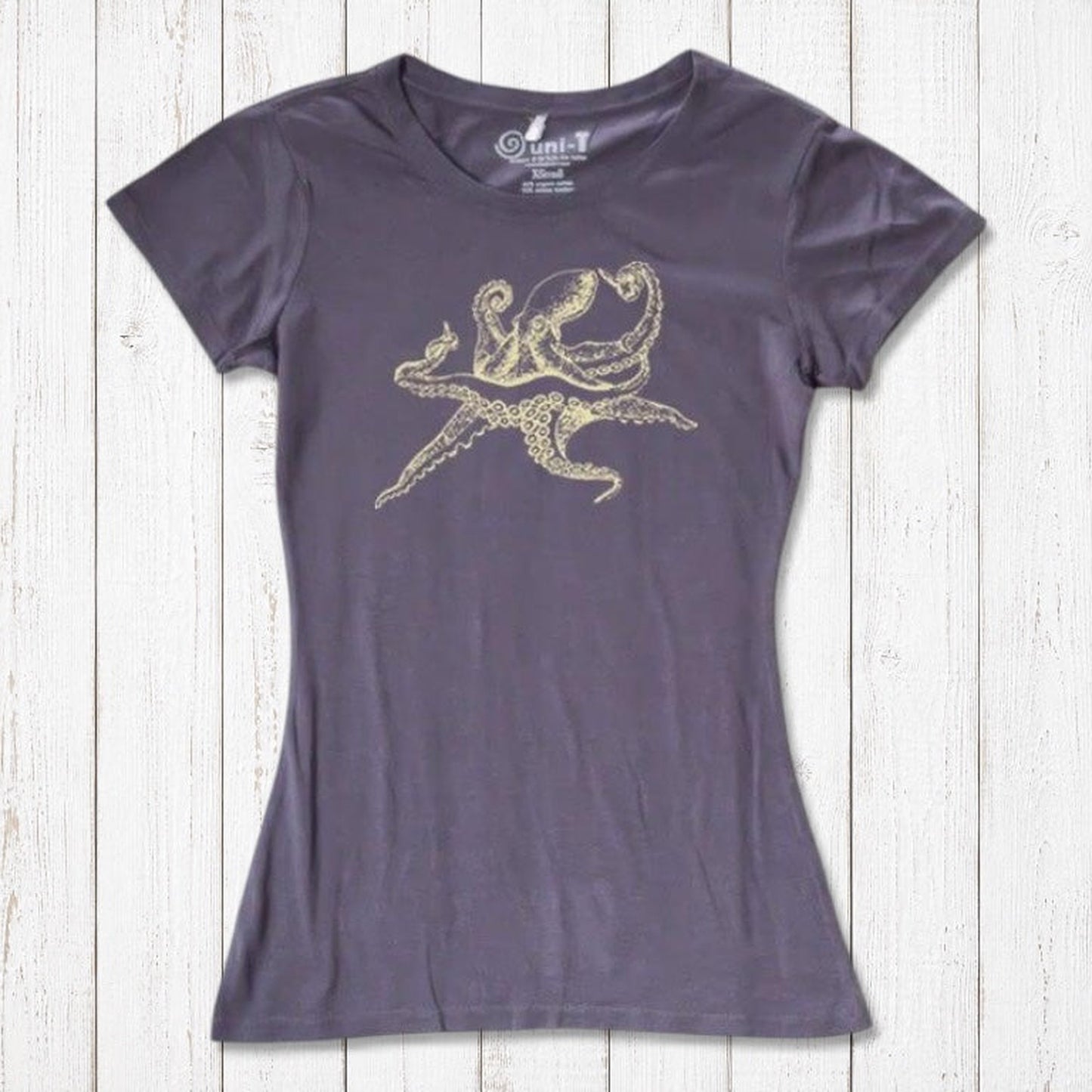 Charcoal Women’s Octopus T-Shirt featuring a gold marine animal print, made from soft bamboo and organic cotton blend fabric.