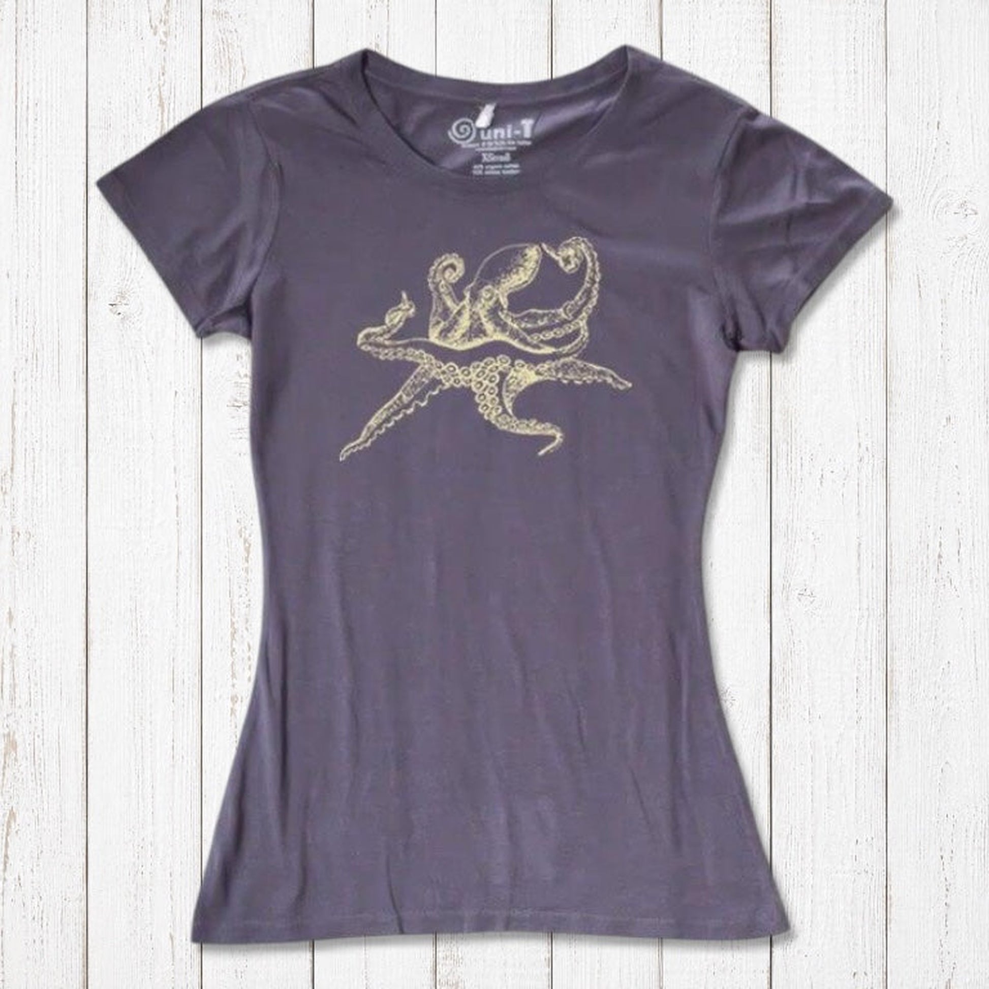 Charcoal Women’s Octopus T-Shirt featuring a gold marine animal print, made from soft bamboo and organic cotton blend fabric.