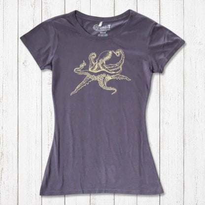 Charcoal Women’s Octopus T-Shirt featuring a gold marine animal print, made from soft bamboo and organic cotton blend fabric.