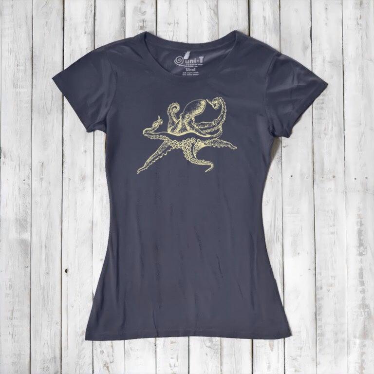 Navy blue Women’s Octopus T-Shirt in bamboo and organic cotton with gold sea life print, unique eco-conscious apparel choice.