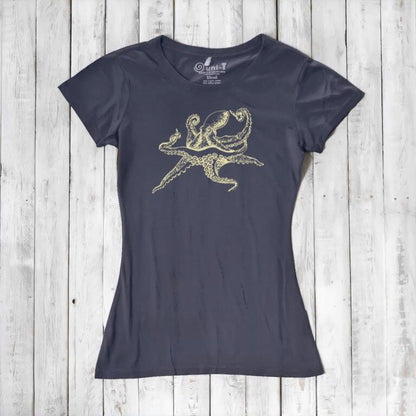 Navy blue Women’s Octopus T-Shirt in bamboo and organic cotton with gold sea life print, unique eco-conscious apparel choice.
