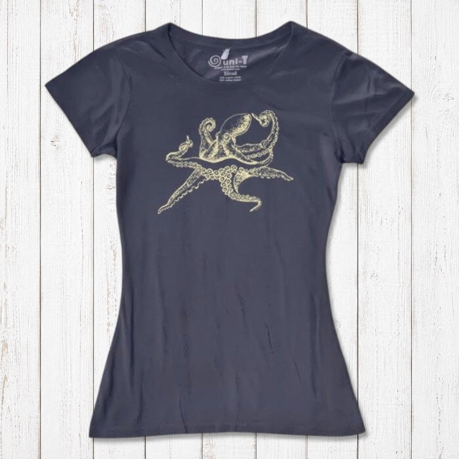 Navy blue Women’s Octopus T-Shirt in bamboo and organic cotton with gold sea life print, unique eco-conscious apparel choice.