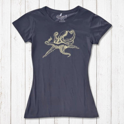 Navy blue Women’s Octopus T-Shirt in bamboo and organic cotton with gold sea life print, unique eco-conscious apparel choice.
