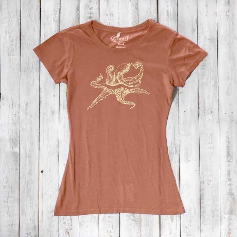 Terracotta Women’s Octopus T-Shirt with gold marine life graphic, made from sustainable bamboo and organic cotton fabric blend.