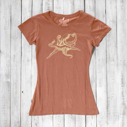 Terracotta Women’s Octopus T-Shirt with gold marine life graphic, made from sustainable bamboo and organic cotton fabric blend.