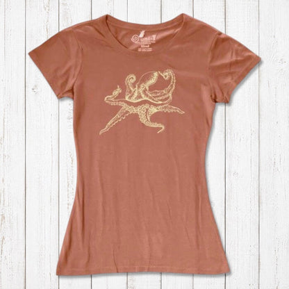 Terracotta Women’s Octopus T-Shirt with gold marine life graphic, made from sustainable bamboo and organic cotton fabric blend.