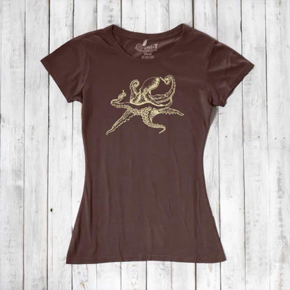 Brown Women’s Octopus T-Shirt featuring a gold octopus design, crafted from eco-friendly bamboo and organic cotton material.