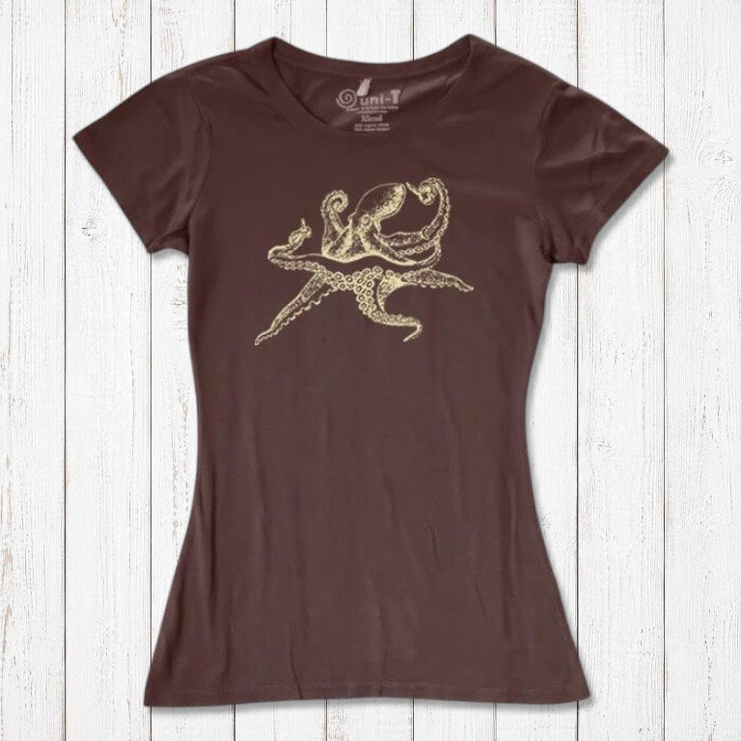 Brown Women’s Octopus T-Shirt featuring a gold octopus design, crafted from eco-friendly bamboo and organic cotton material.