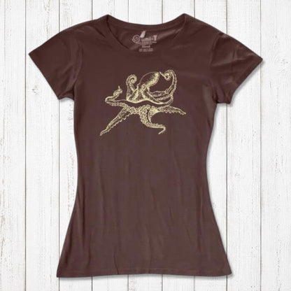 Brown Women’s Octopus T-Shirt featuring a gold octopus design, crafted from eco-friendly bamboo and organic cotton material.