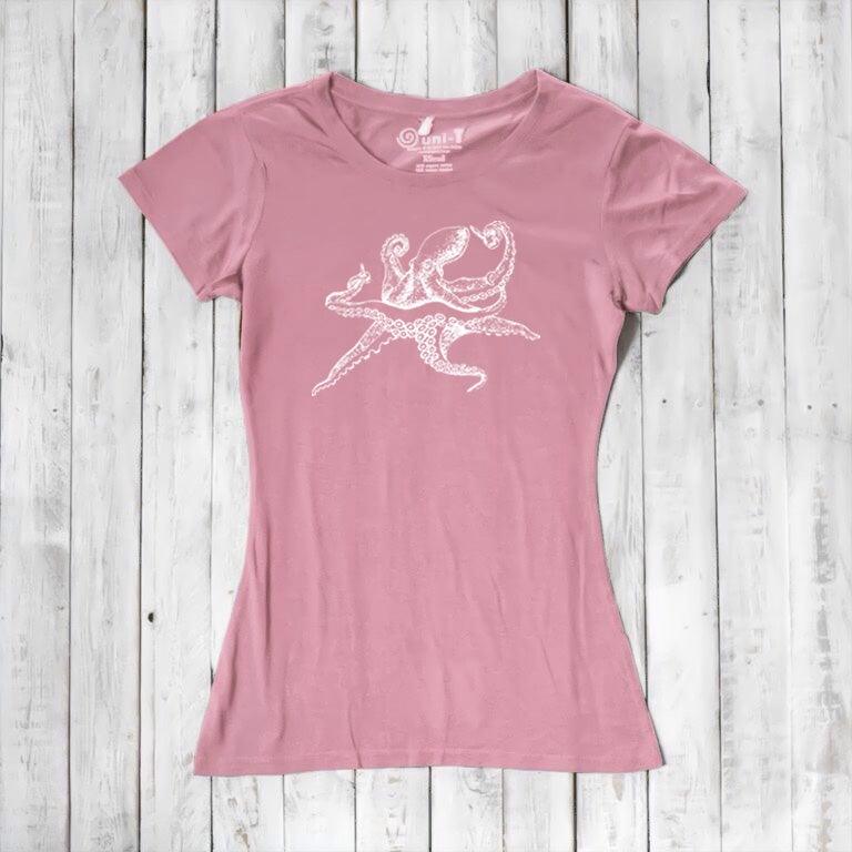 Pink Women’s Octopus T-Shirt featuring a white marine animal design, made from soft bamboo and organic cotton for sustainable fashion.