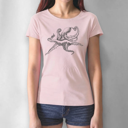 Pink Women’s Octopus T-Shirt featuring a white marine animal design, made from soft bamboo and organic cotton for sustainable fashion.