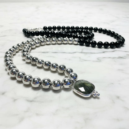 Onyx and Sterling Beaded Necklace with Labradorite Pendant* Janine Gerade
